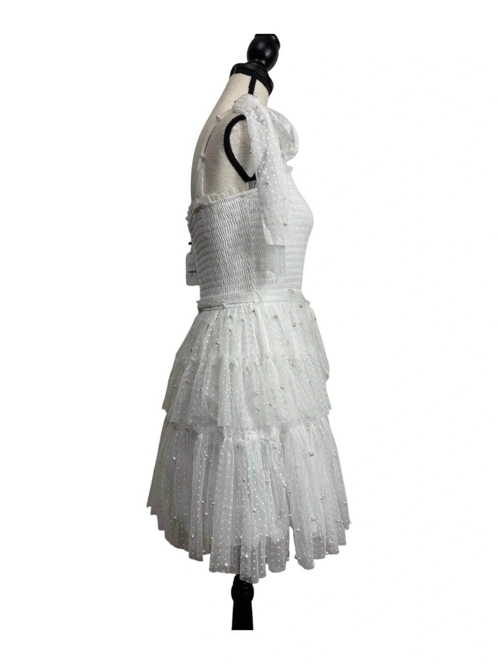 Francesca's Collections White Tie-Shoulder Tulle Pearl Mini Dress Medium - Picture 4 of 7